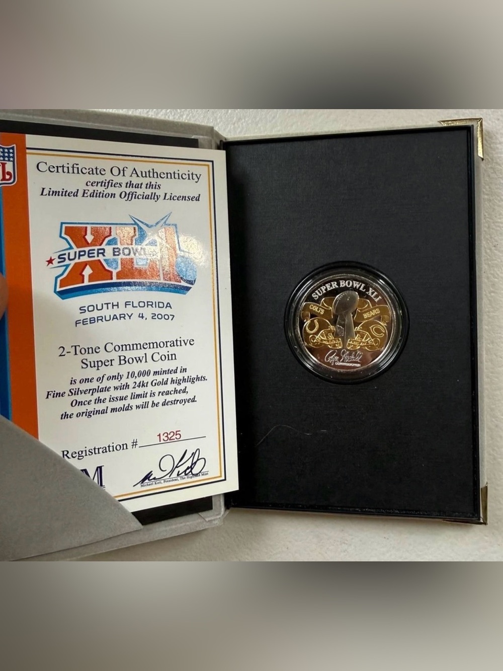 Super Bowl XLI 2-Tone Game Flip Coin Highland Mint Bears Colts COA #1325 Box